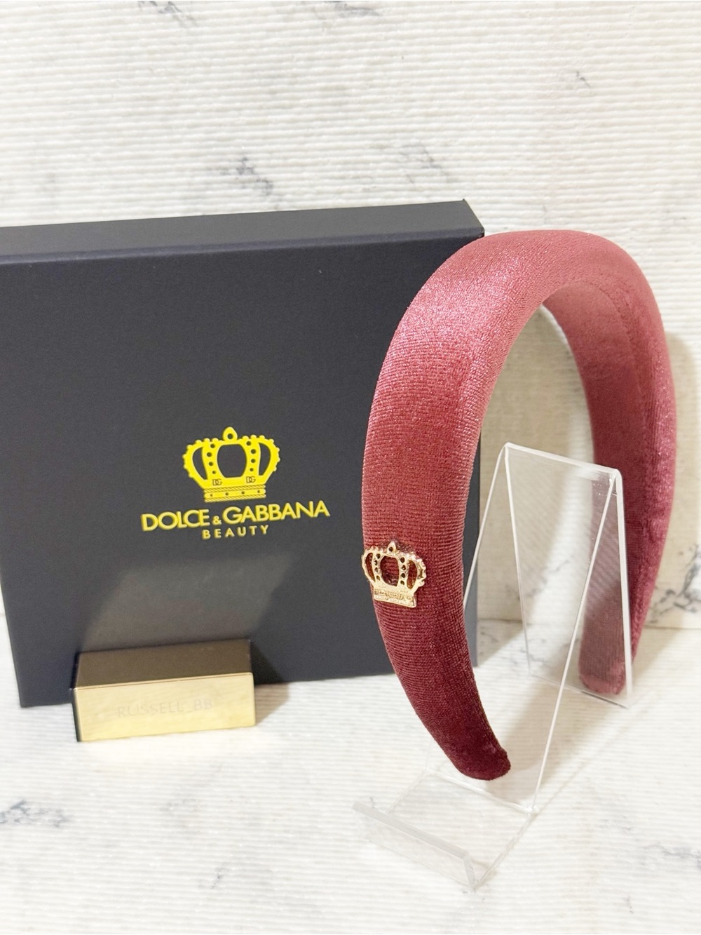 Dolce & Gabbana Beauty Burgundy Plush Headband with Dolce Queen Crown Pendant